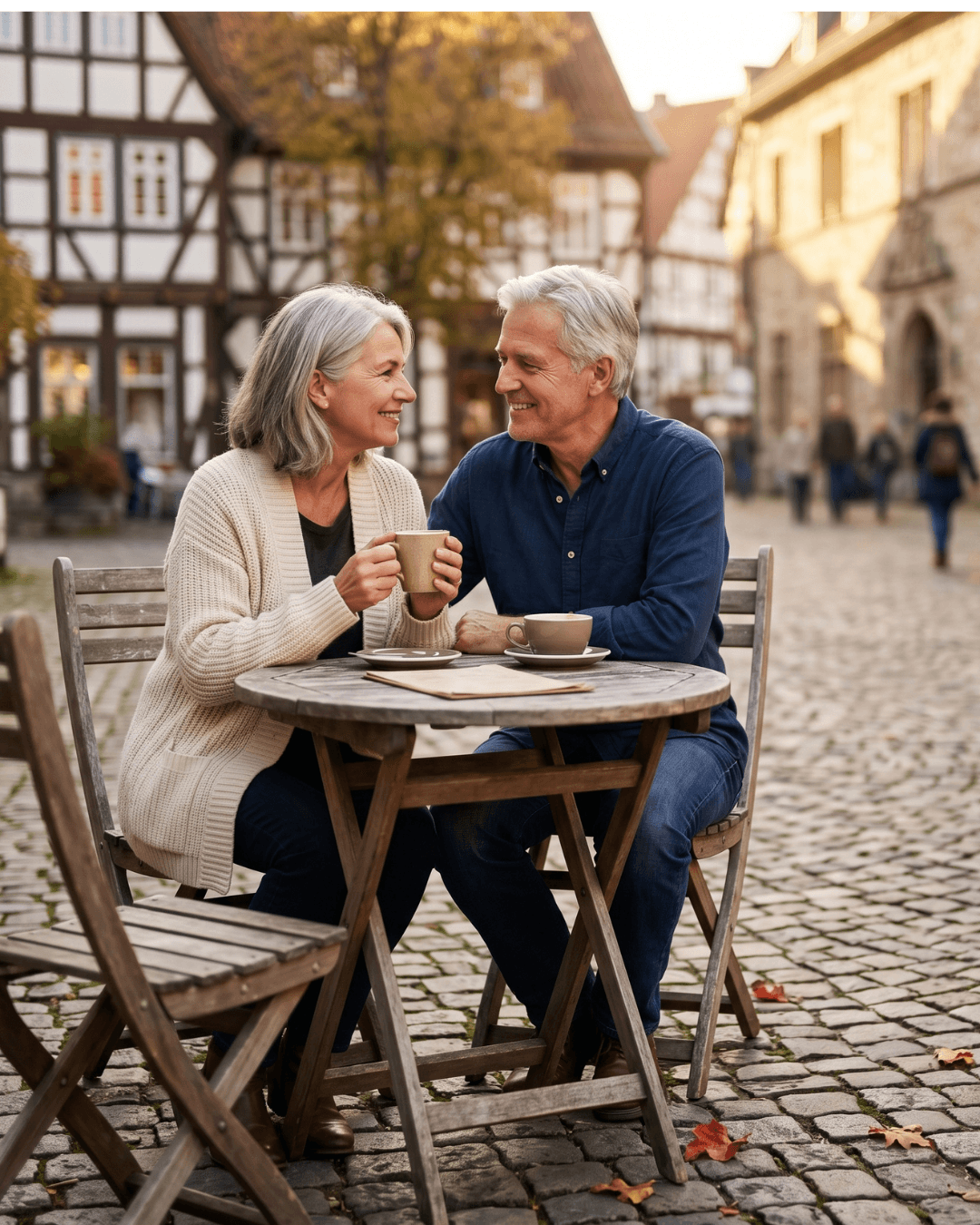 Marlies und Thomas, beide 60, lachen entspannt in einer Altstadtgasse — sichtbar gesunde Zähne