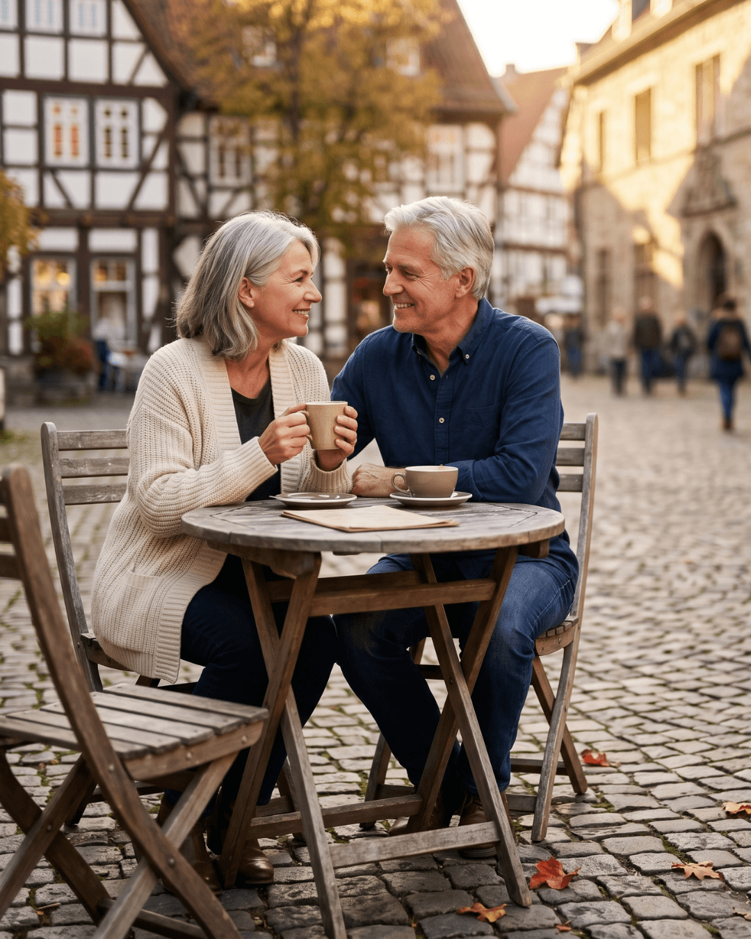 Marlies und Thomas, beide 60, lachen entspannt in einer Altstadtgasse — sichtbar gesunde Zähne