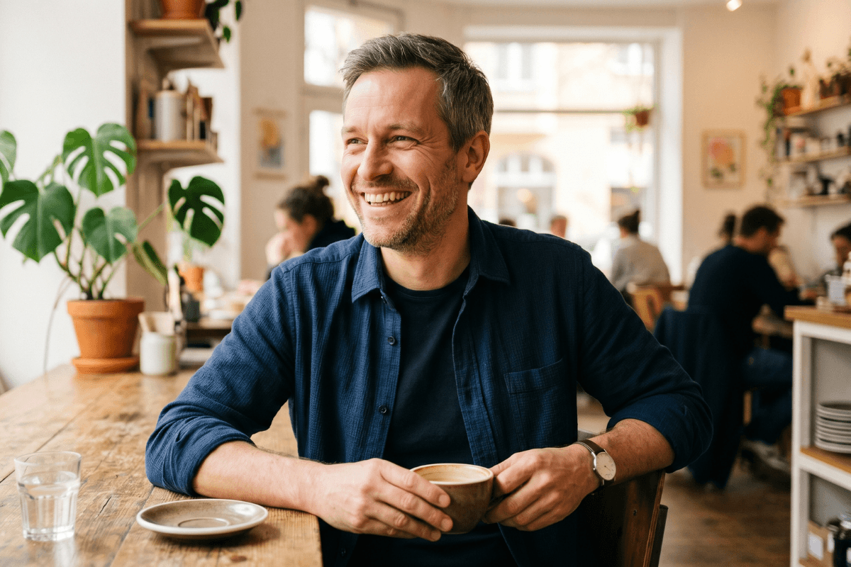 Mann mit selbstbewusstem Lächeln im Café