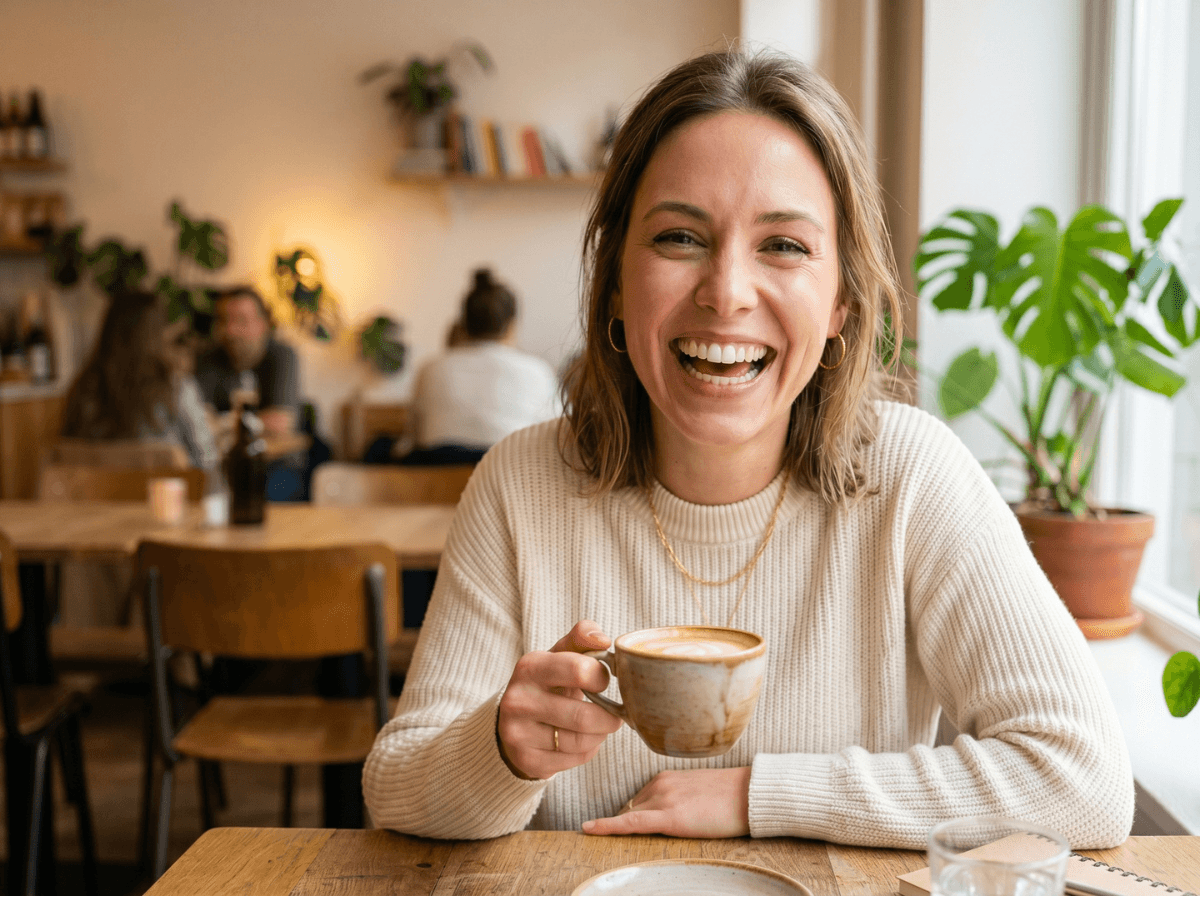 Junge Frau lacht entspannt im Café — Zahnzusatzversicherung CEZE für ein gutes Gefühl