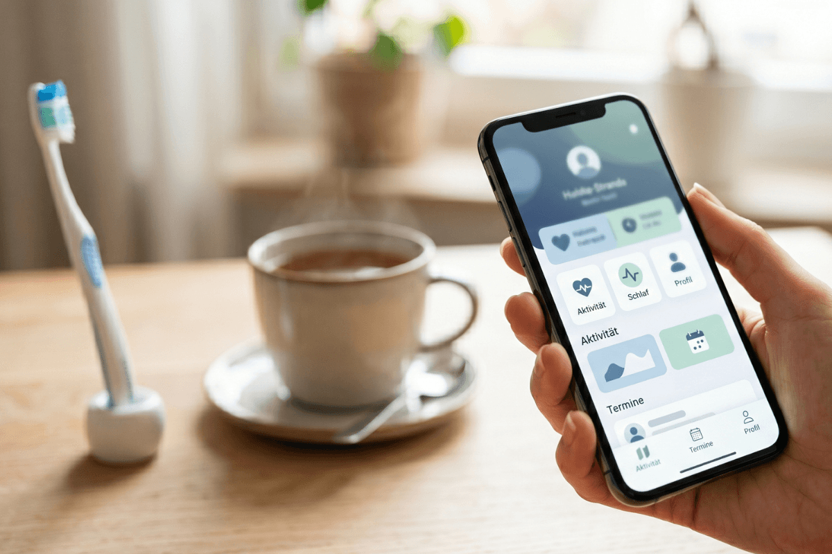 Hand mit Smartphone und Gesundheits-App
