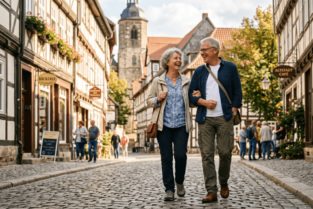 Pärchen Anfang 60 lachend in deutscher Altstadt